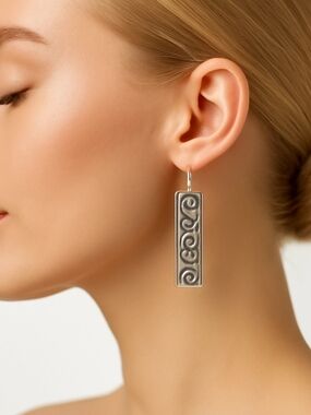 Sterling Silver Rectangular Scroll Drop Earrings - Silver